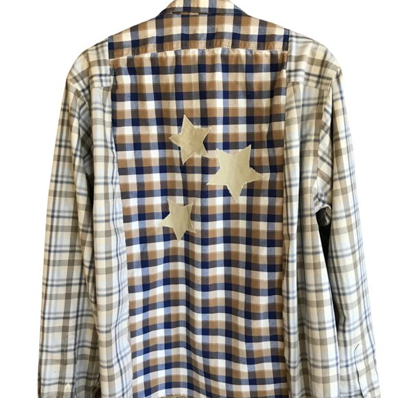 Upcycled Patchwork Plaid Shirt, Size M-L: Boho Mixed Print Top, Star Appliqué - Picture 3 of 11